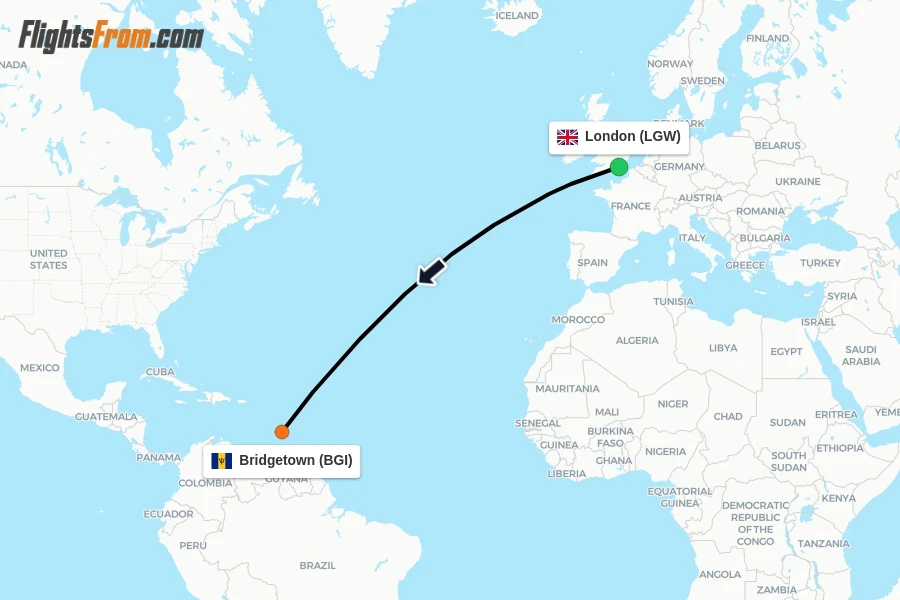 Flights from London to Bridgetown route map