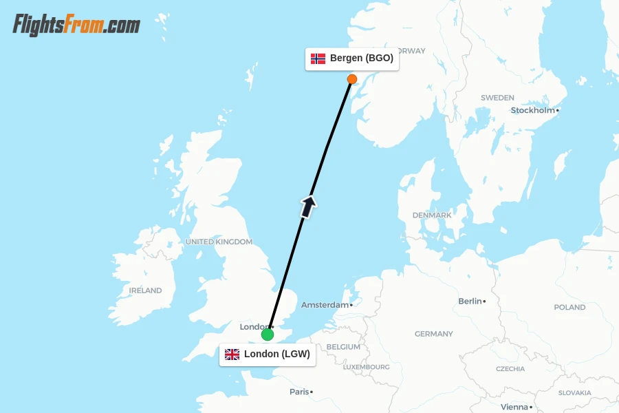 Flights from London to Bergen route map