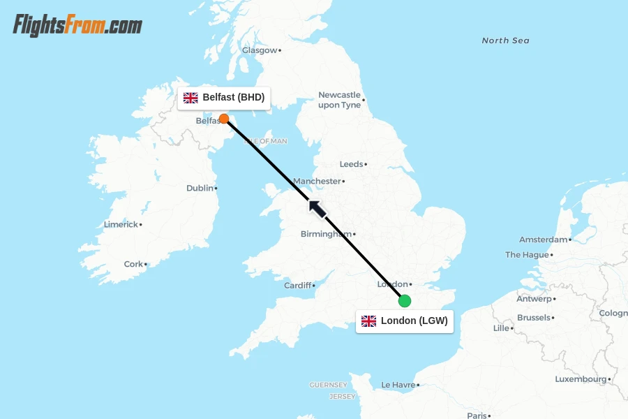 Flights from London to Belfast route map