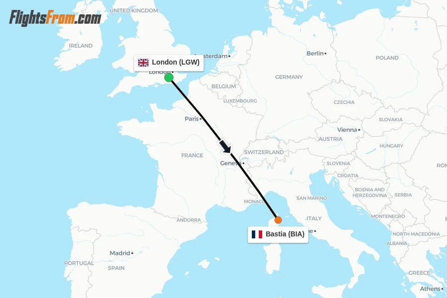Flights from London to Bastia route map