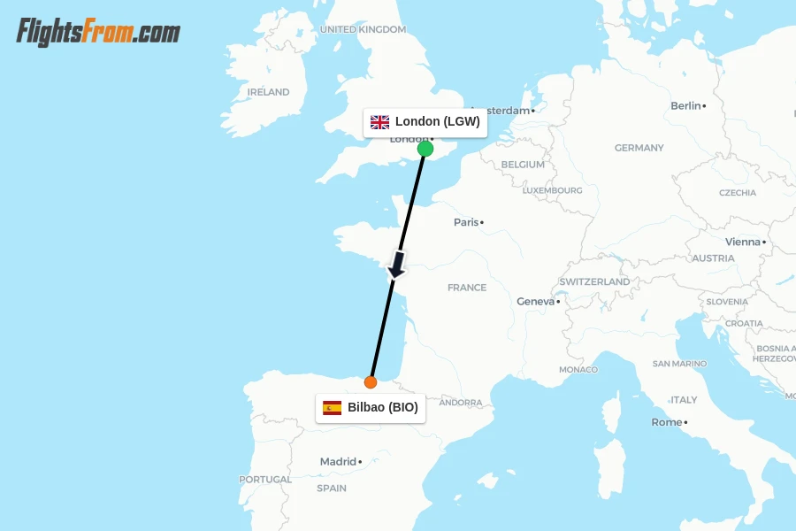 Flights from London to Bilbao route map