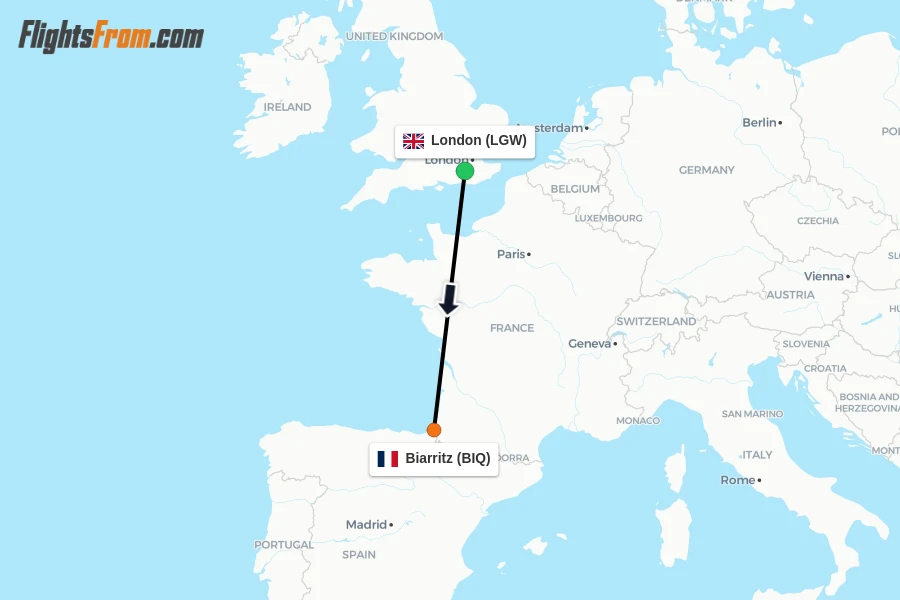 Flights from London to Biarritz route map