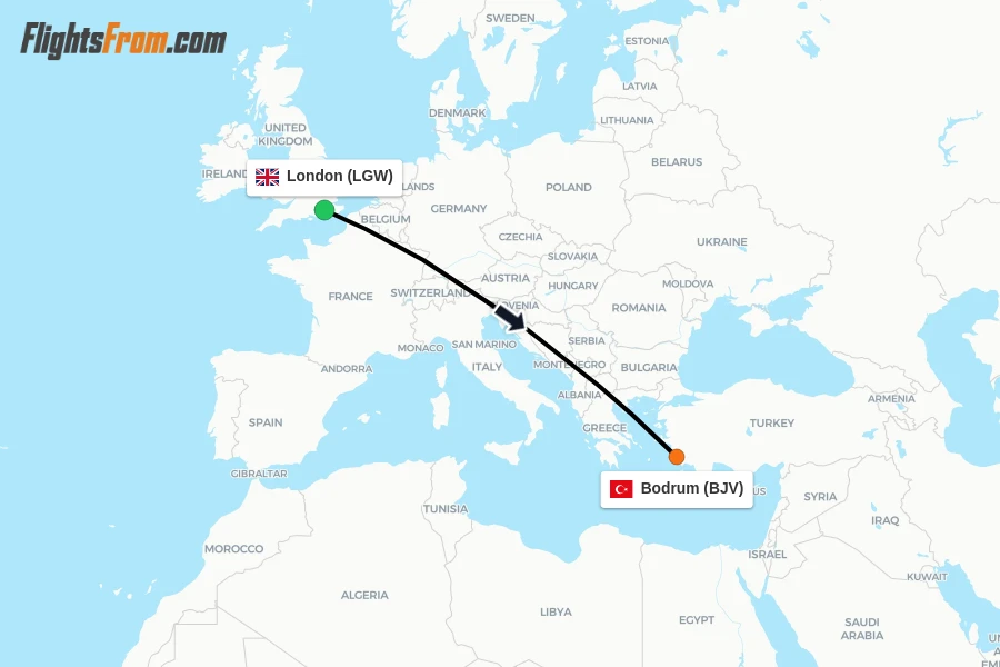 Flights from London to Bodrum route map