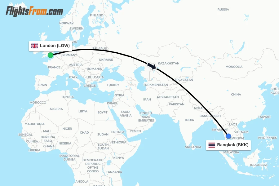 Flights from London to Bangkok route map