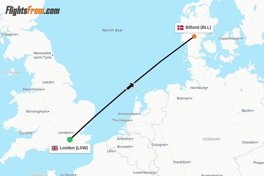 Flights from London to Billund route map
