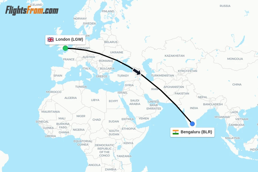 Flights from London to Bengaluru route map