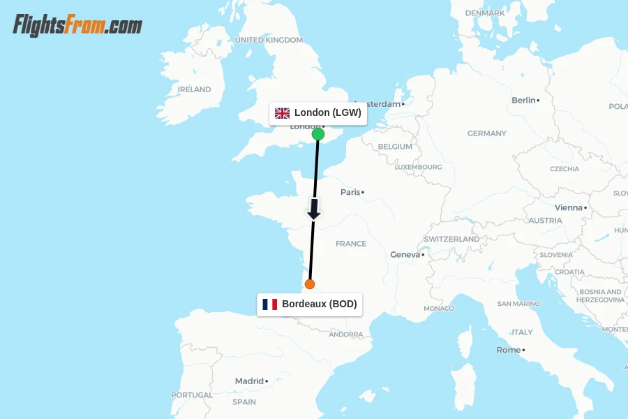 Flights from London to Bordeaux route map