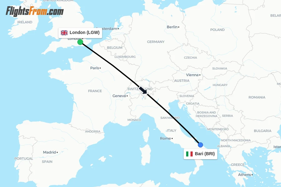 Flights from London to Bari route map