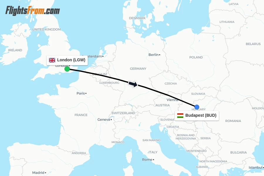 Flights from London to Budapest route map