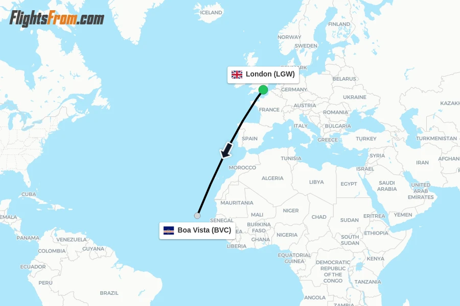 Flights from London to Boa Vista route map