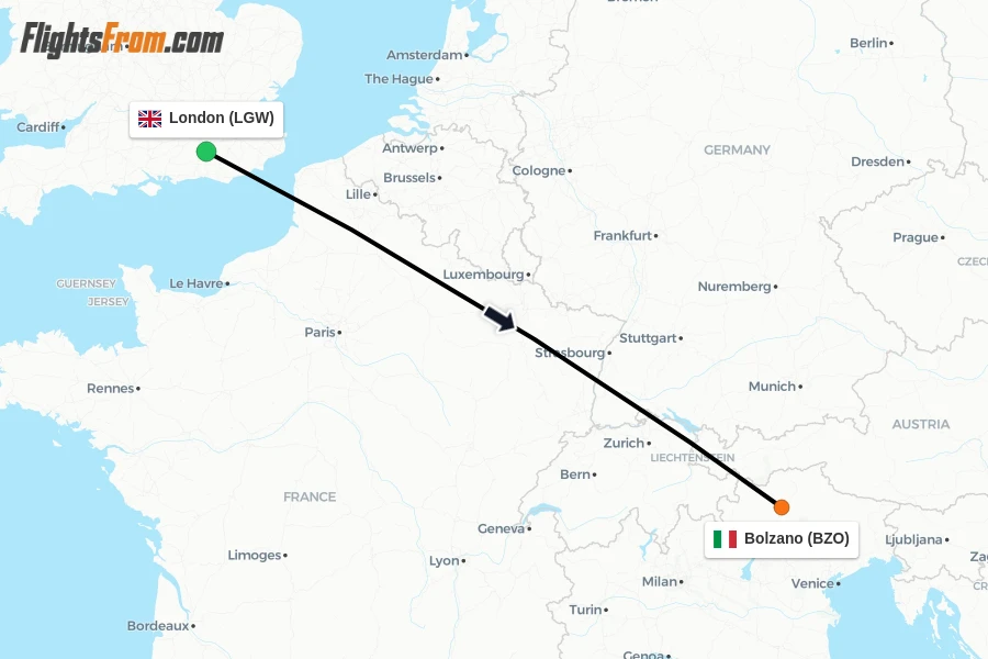 Flights from London to Bolzano route map