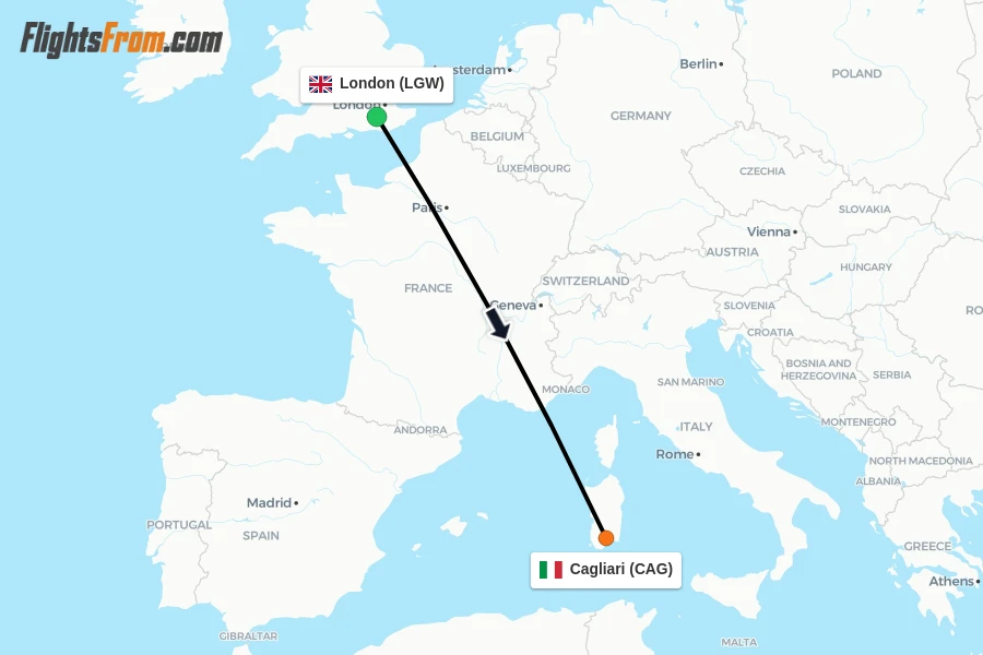 Flights from London to Cagliari route map