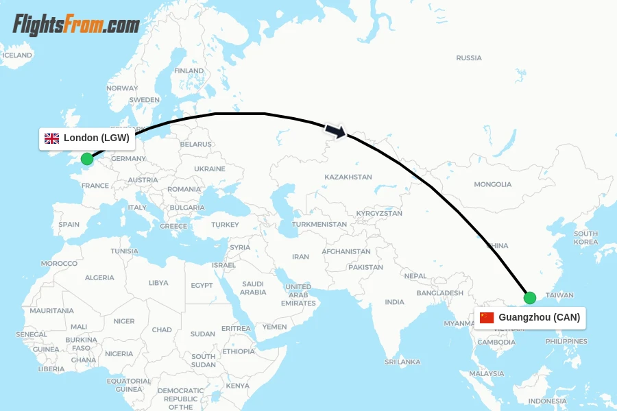Flights from London to Guangzhou route map