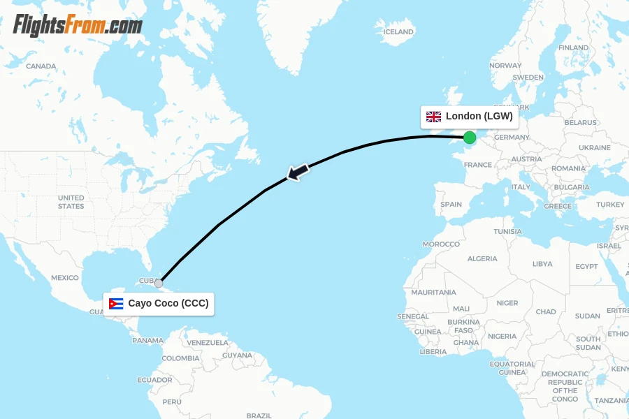 Flights from London to Cayo Coco route map