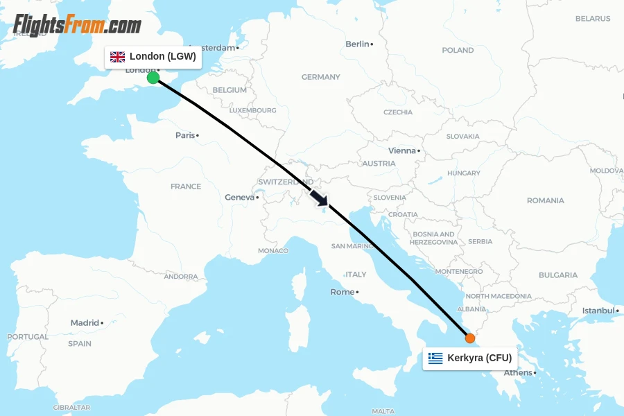 Flights from London to Kerkyra route map