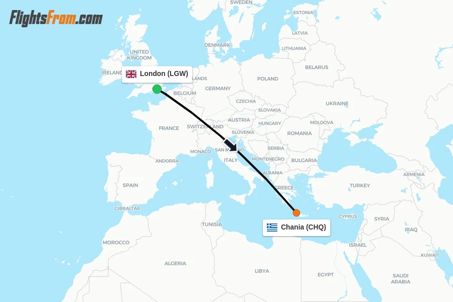 Flights from London to Chania route map