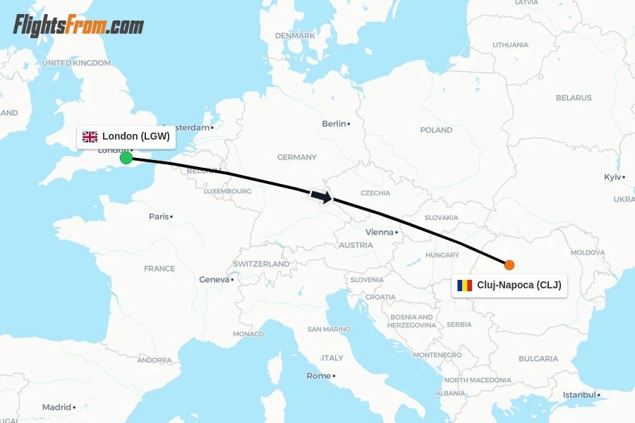 Flights from London to Cluj-Napoca route map