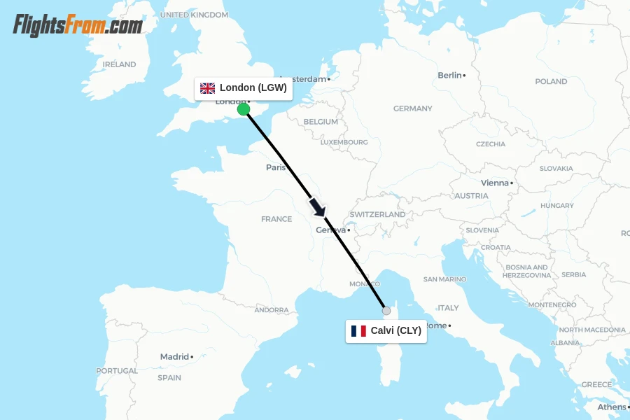 Flights from London to Calvi route map