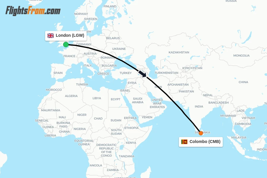 Flights from London to Colombo route map