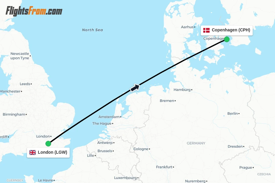Flights from London to Copenhagen route map