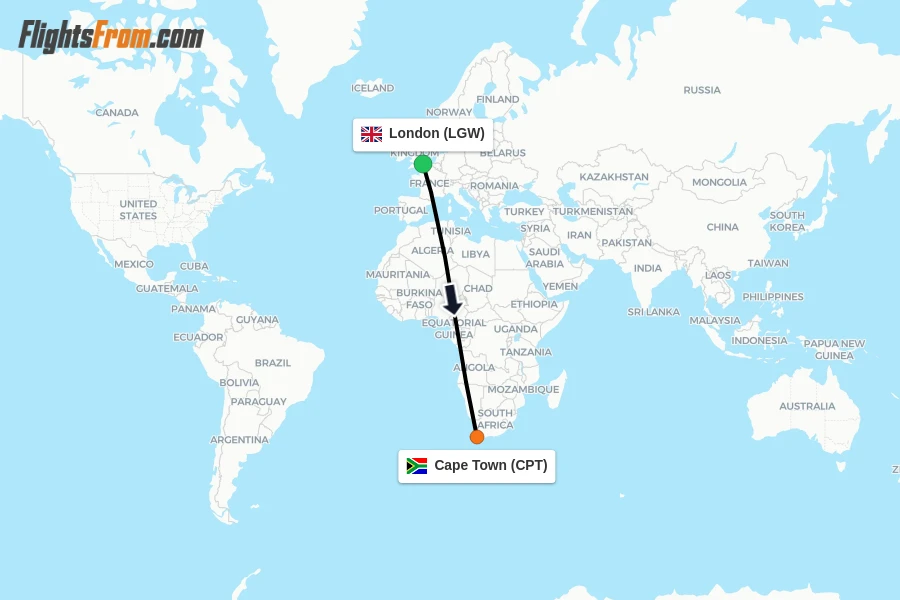 Flights from London to Cape Town route map
