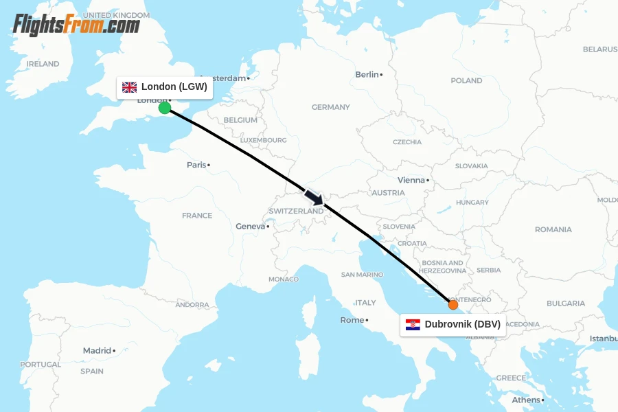 Flights from London to Dubrovnik route map