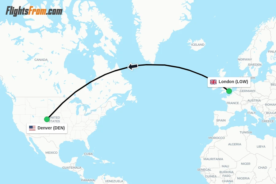 Flights from London to Denver route map