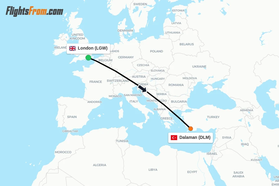 Flights from London to Dalaman route map