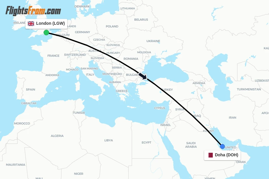 Flights from London to Doha route map