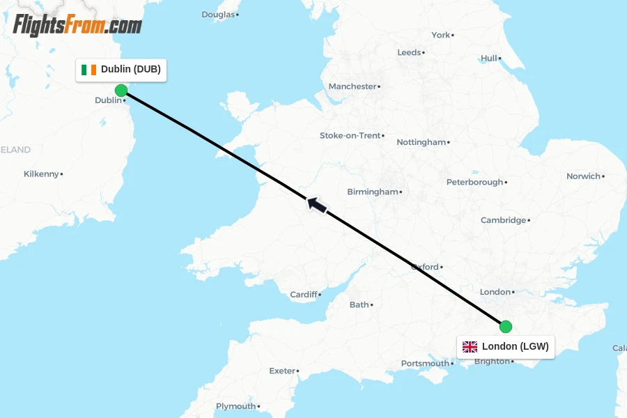 Flights from London to Dublin route map