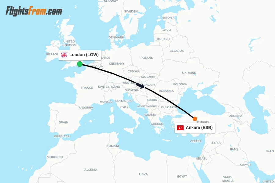 Flights from London to Ankara route map