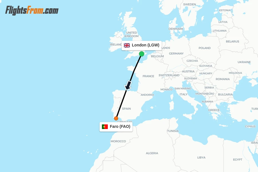 Flights from London to Faro route map