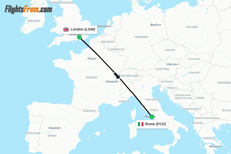 Flights from London to Rome route map