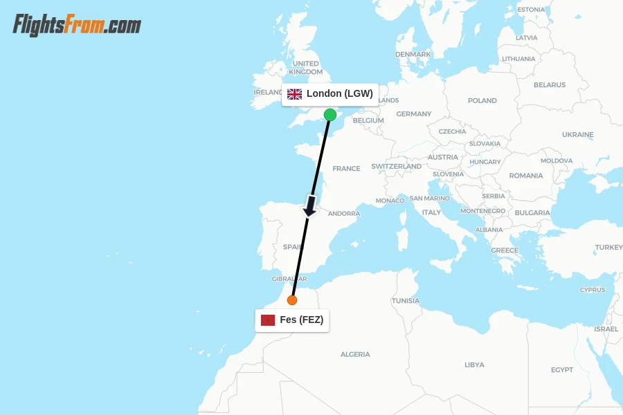Flights from London to Fes route map