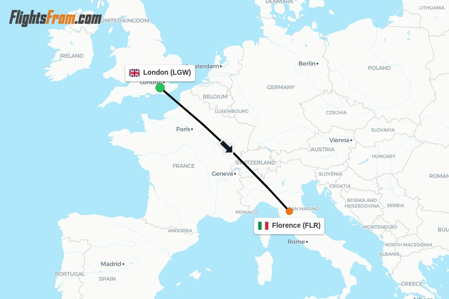 Flights from London to Florence route map
