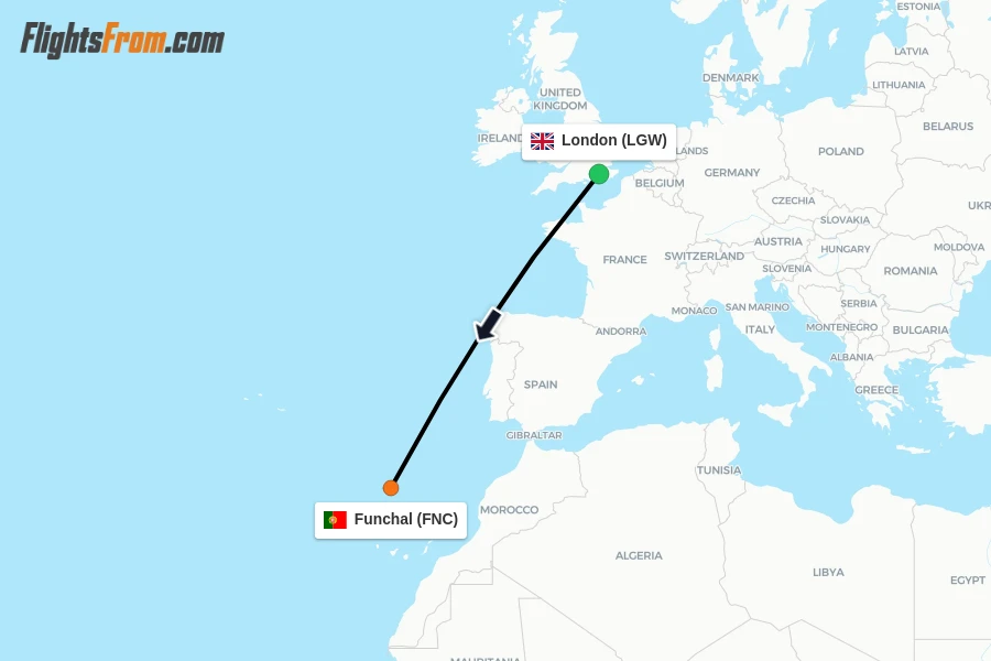 Flights from London to Funchal route map