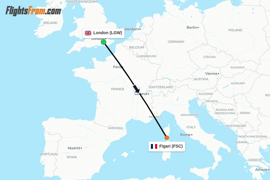 Flights from London to Figari route map