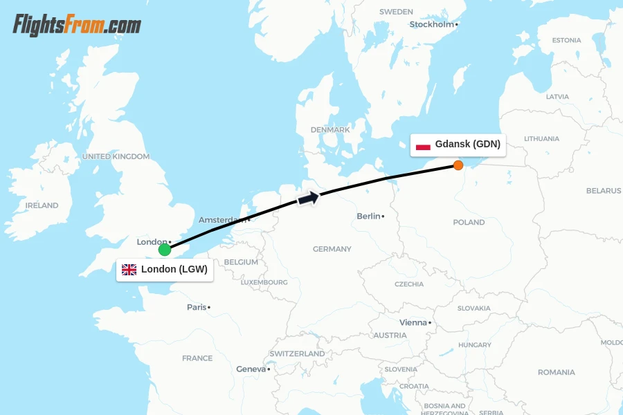 Flights from London to Gdansk route map