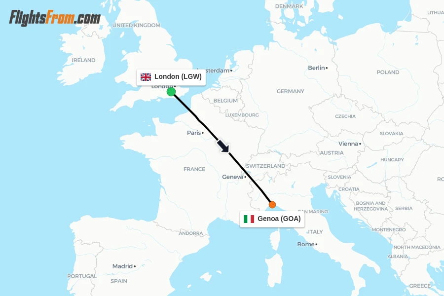 Flights from London to Genoa route map
