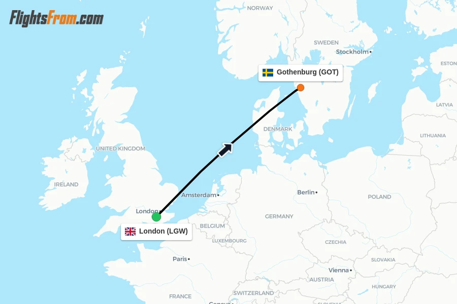 Flights from London to Gothenburg route map