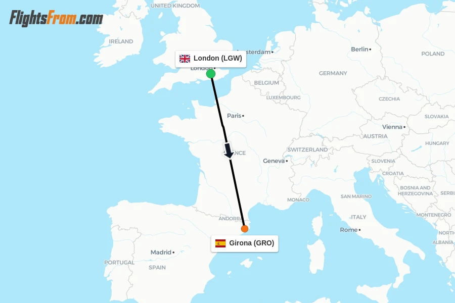 Flights from London to Girona route map