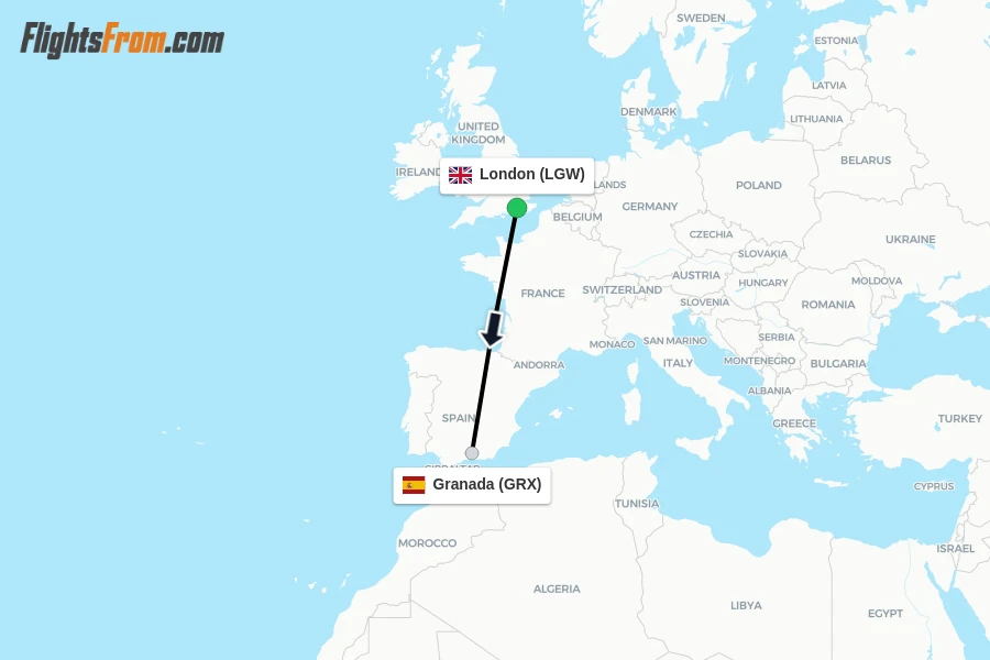 Flights from London to Granada route map