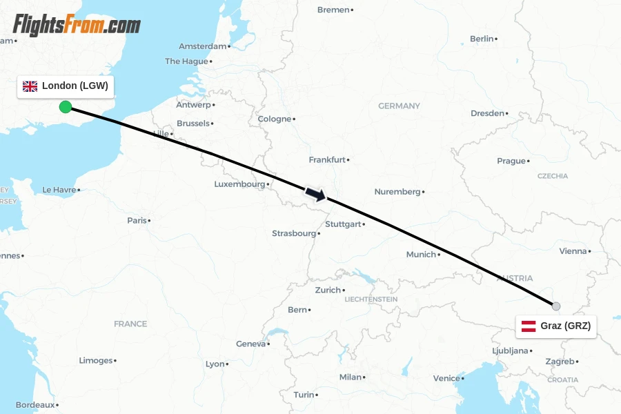 Flights from London to Graz route map