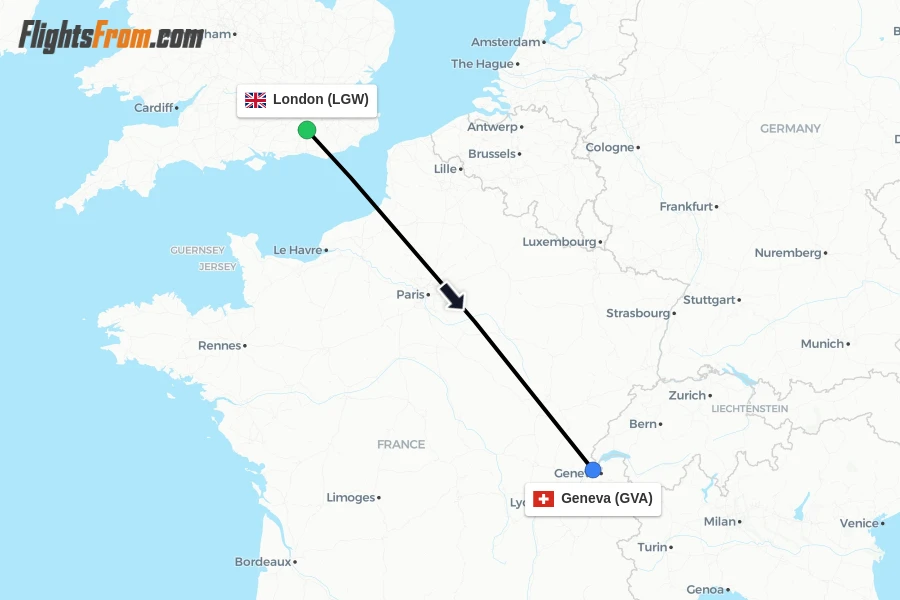Flights from London to Geneva route map