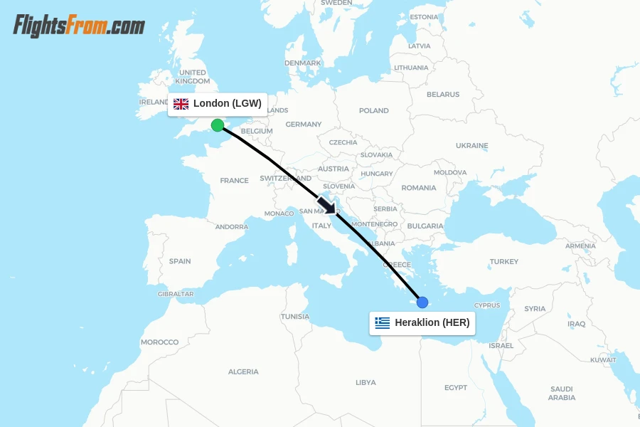 Flights from London to Heraklion route map
