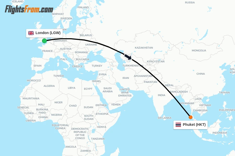 Flights from London to Phuket route map