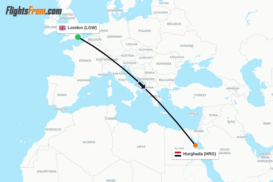 Flights from London to Hurghada route map
