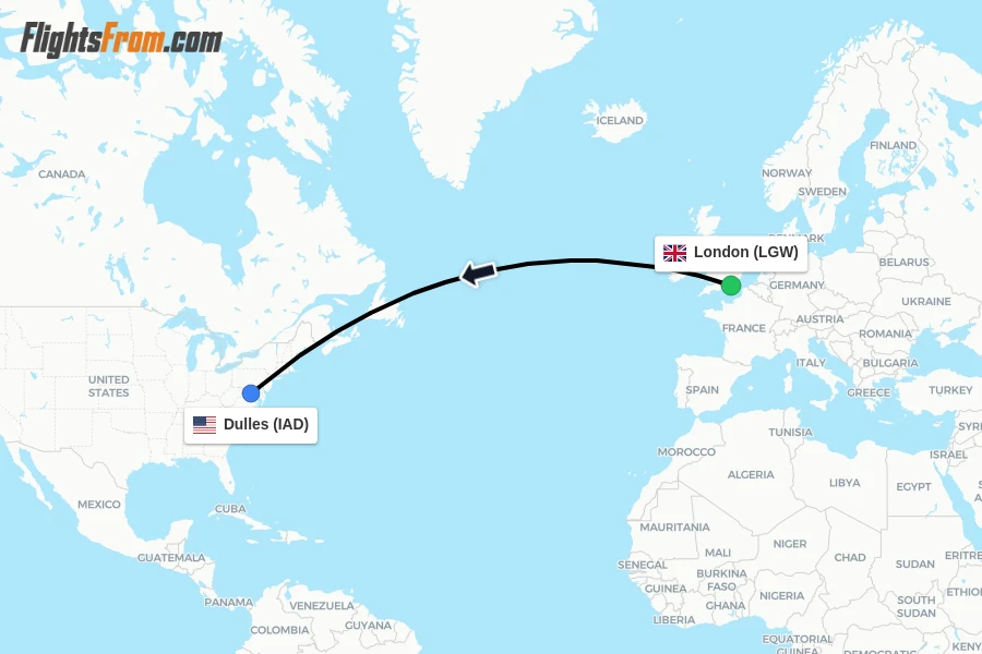 Flights from London to Dulles route map