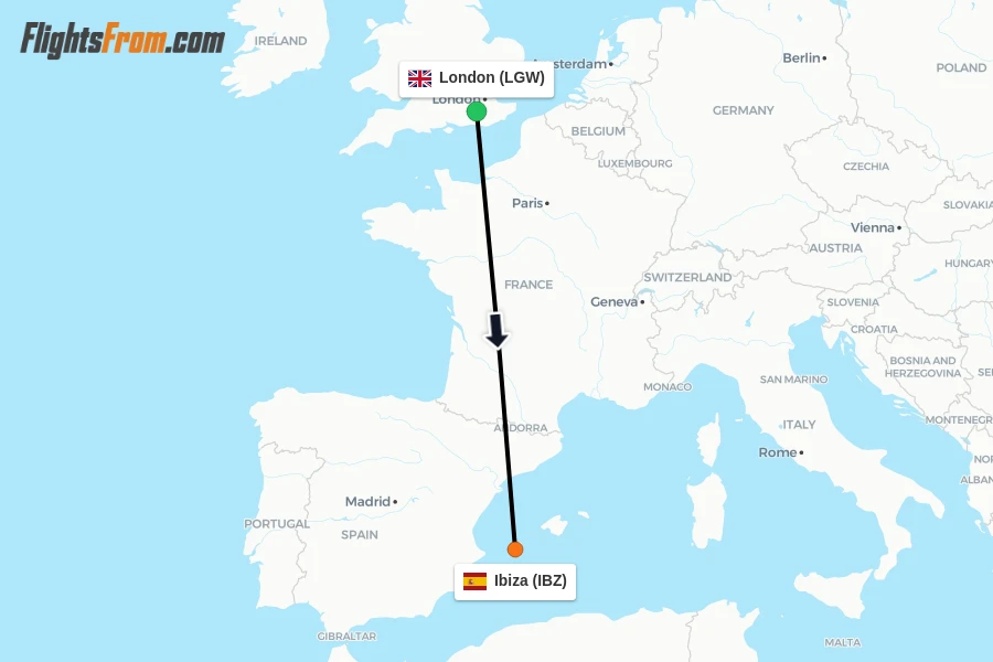 Flights from London to Ibiza route map