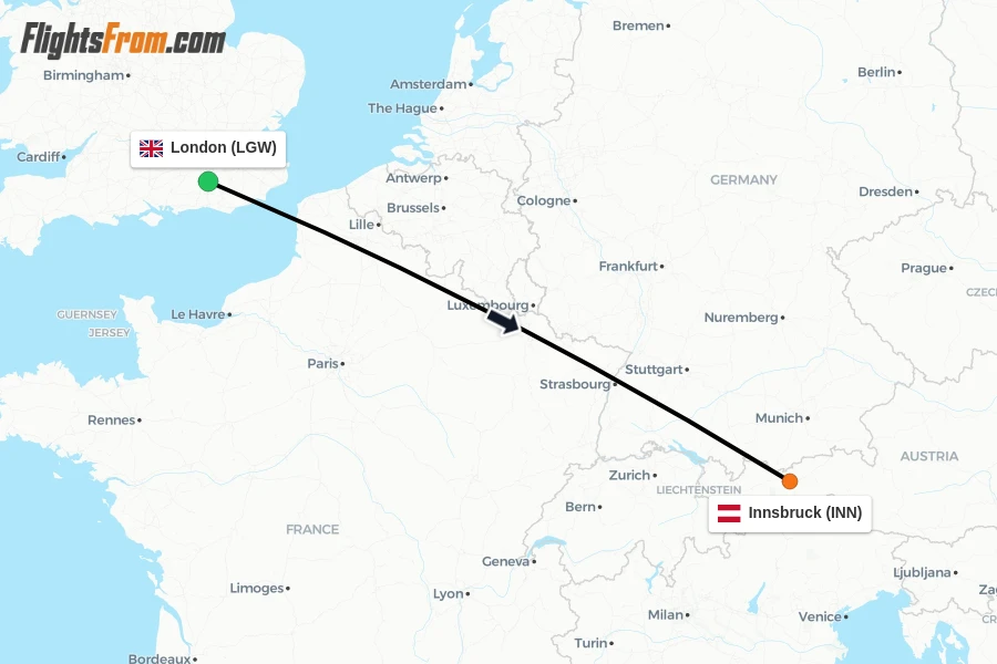 Flights from London to Innsbruck route map